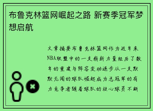 布鲁克林篮网崛起之路 新赛季冠军梦想启航