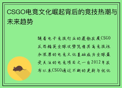 CSGO电竞文化崛起背后的竞技热潮与未来趋势